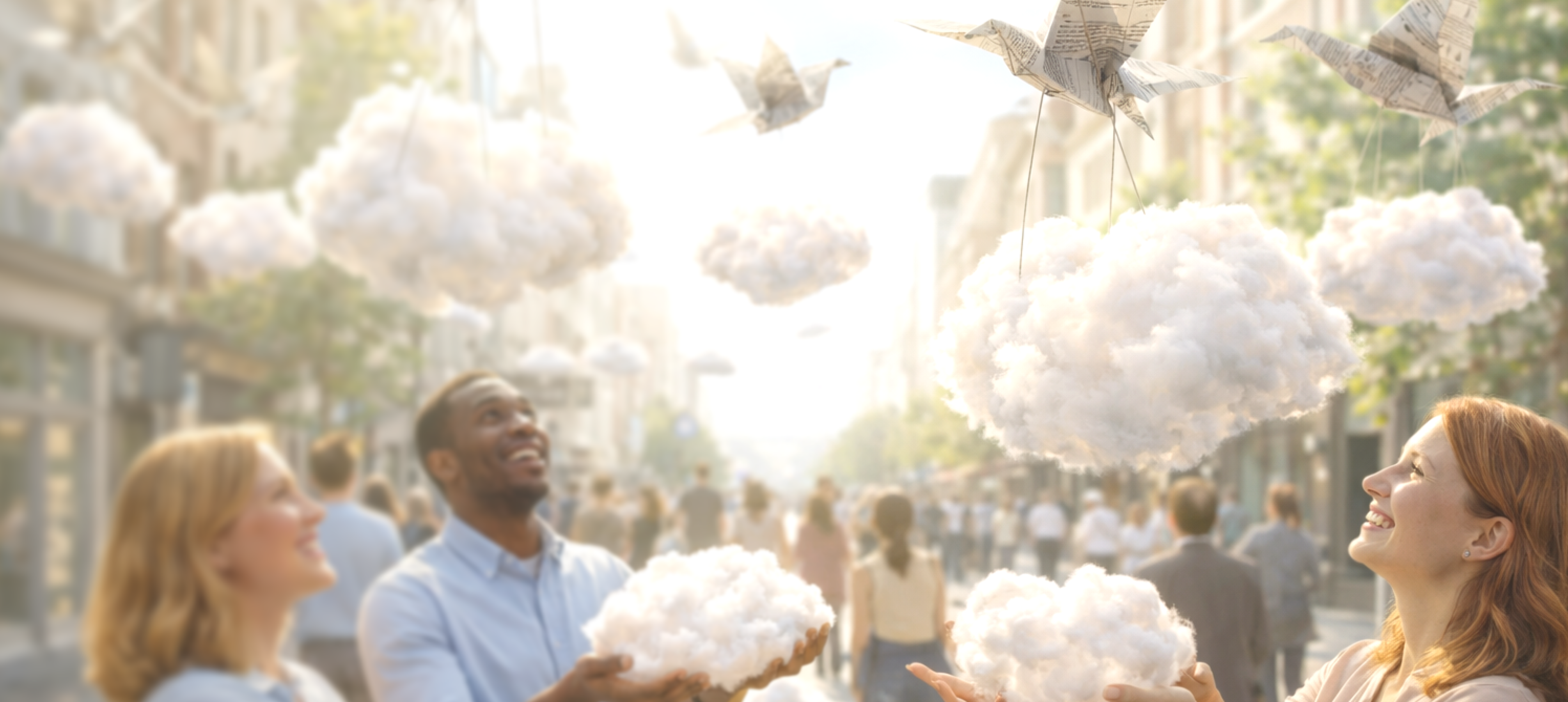 People with clouds in a sunny city scene
