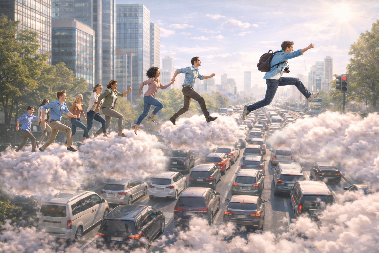 Menschen springen auf Wolken über einen Stau hinweg