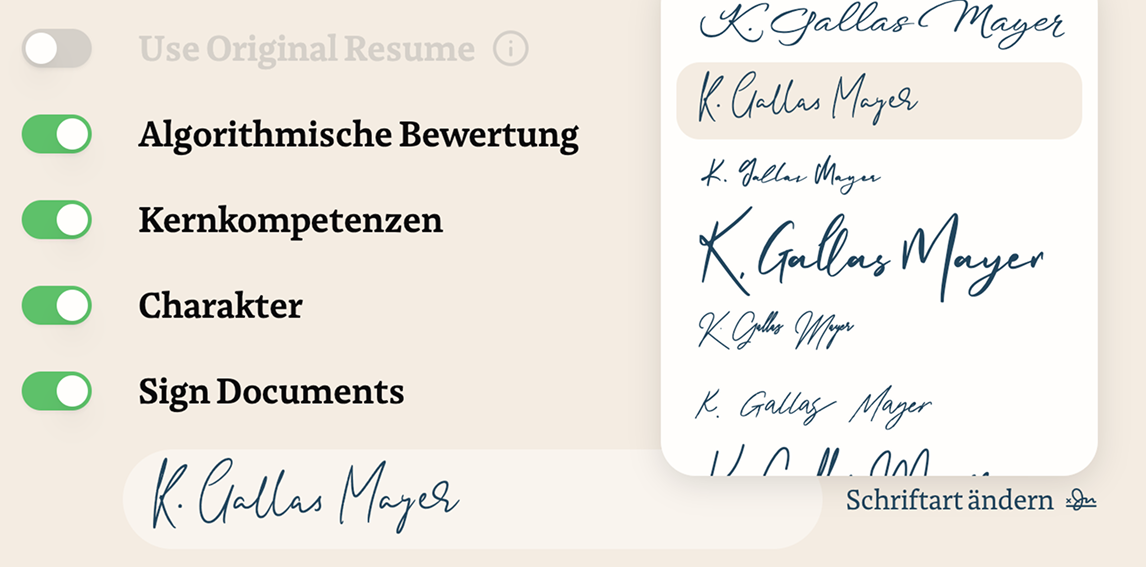 Signiere Bewerbungsdokumente.