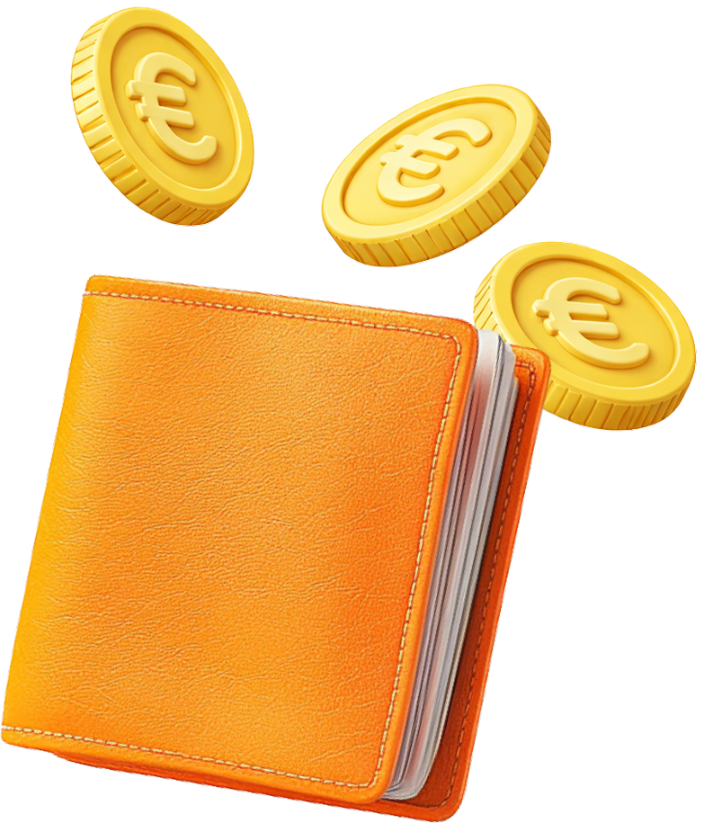 Oranges Portemonnaie mit goldenen Münzen