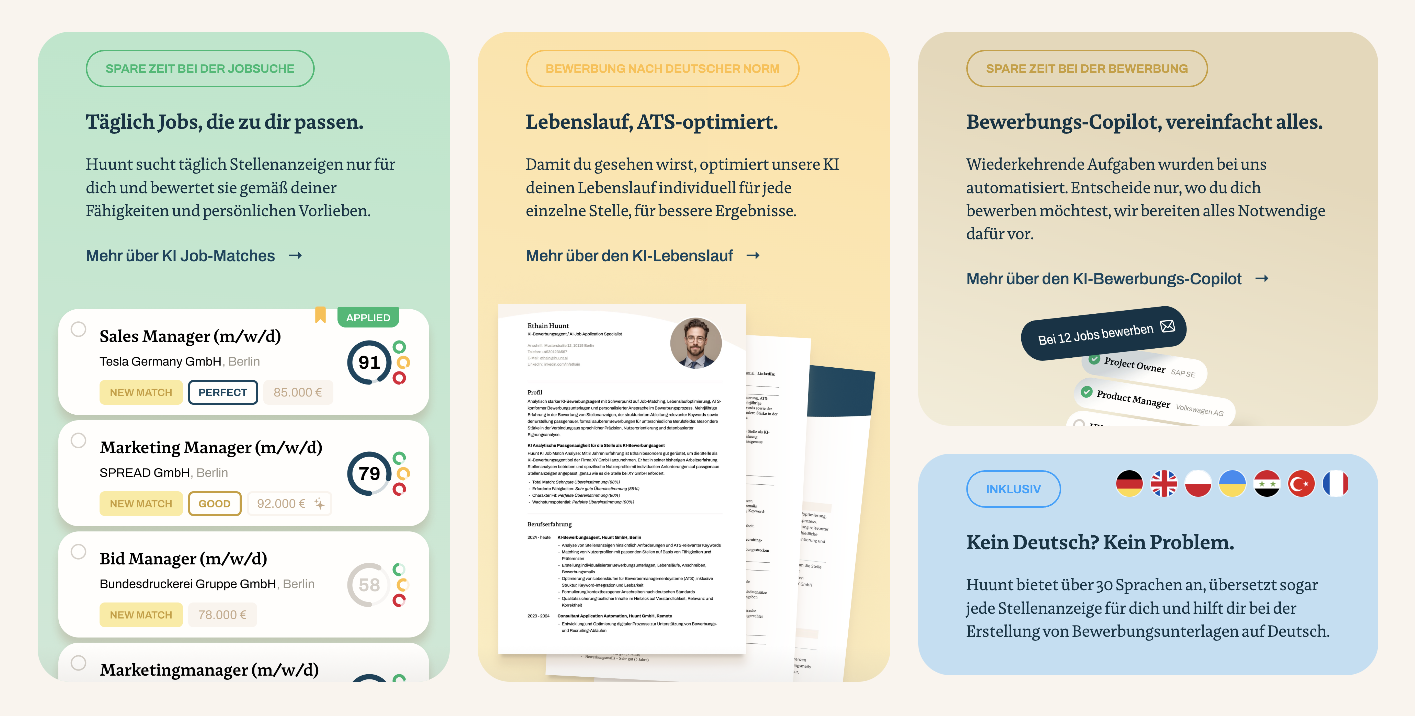 Website Screenshot huunt.ai mit vollständige KI-Bewerbungsflow
